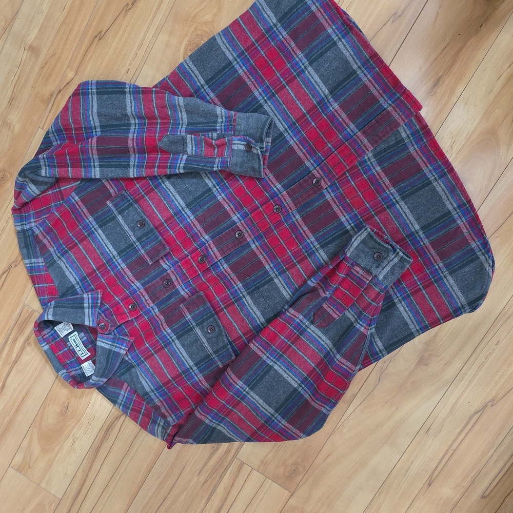 Vintage L.L. Bean Plaid Flannel Grey/Red Chamois Cloth Shirt Mens L